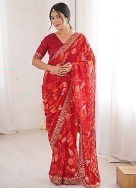 Royal Red Georgette Embroidered Sequins Floral Print Saree