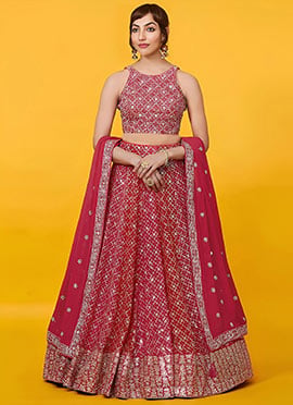 Royal Red Georgette Zari and Multiple Sequins Embroidered Umbrella Lehenga