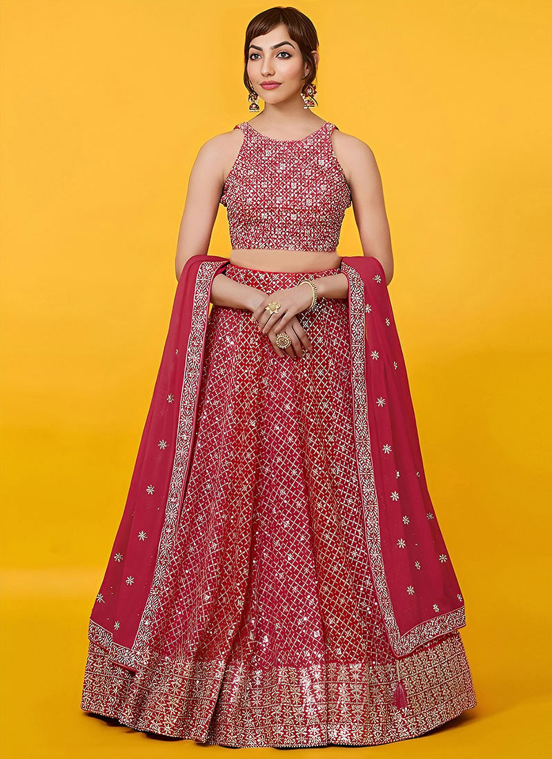 Royal Red Georgette Zari and Multiple Sequins Embroidered Umbrella Lehenga After Six Wear