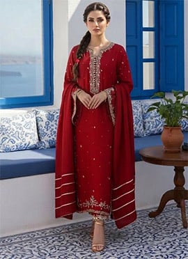 Royal Red Georgette Zari Sequins Straight Pant Suit