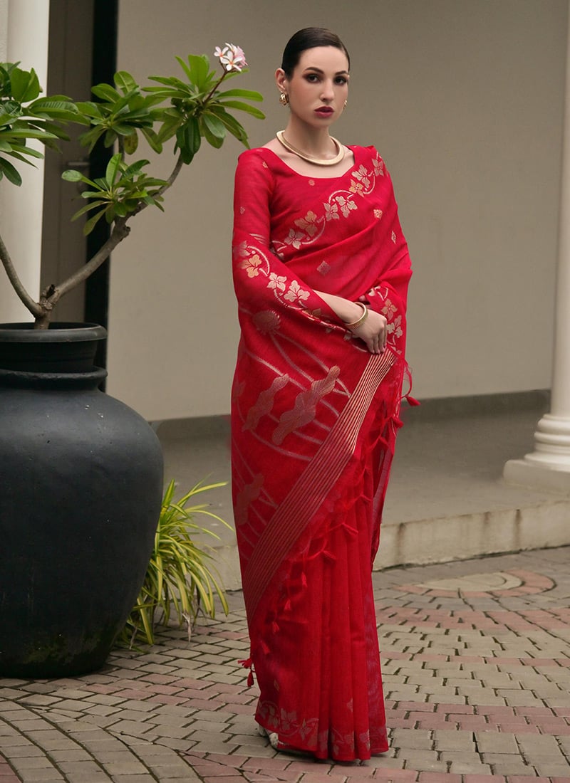 Royal Red Jute Linen Silk Zari Woven Saree Festive Wear