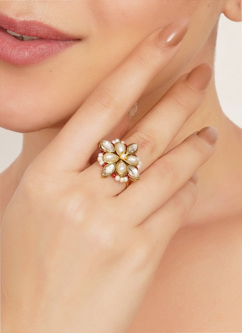 Royal Red Kundan Beads Ring Festive Wear