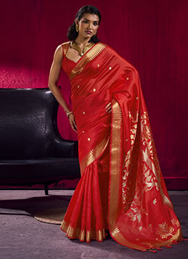 Royal Red Satin Linen Silk Handloom Zari Weaving Saree