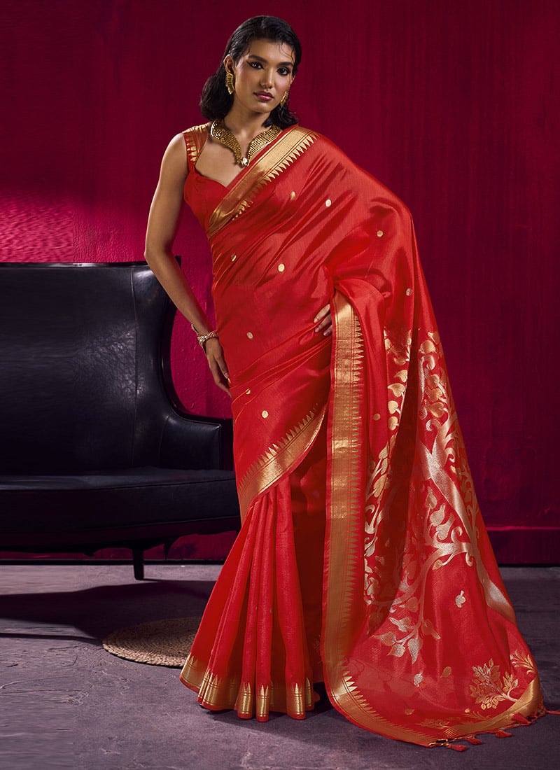 Royal Red Satin Linen Silk Handloom Zari Weaving Saree Festive Wear