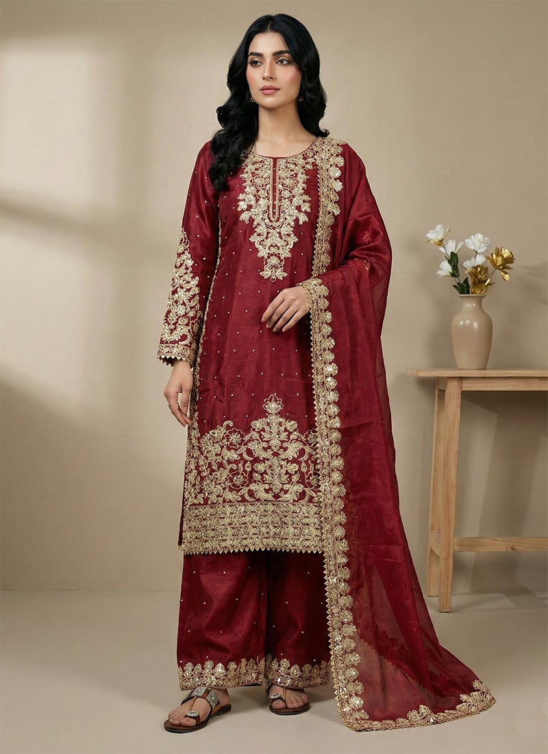 Royal Red Silk Embroidered Sequins Coding Palazzo Suit Festive Wear