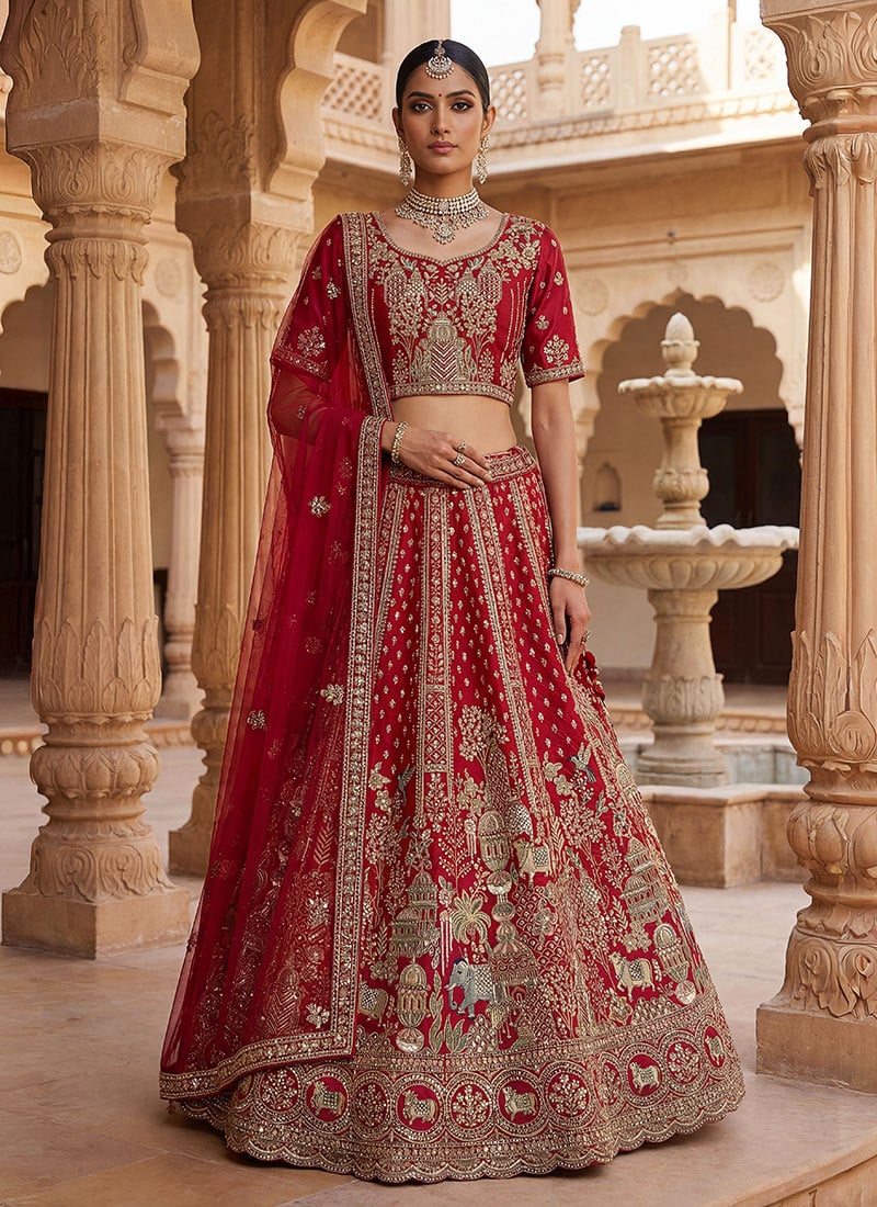 Royal Red Silk Embroidered Sequins Stone With Zari Work Lehenga Wedding Wear