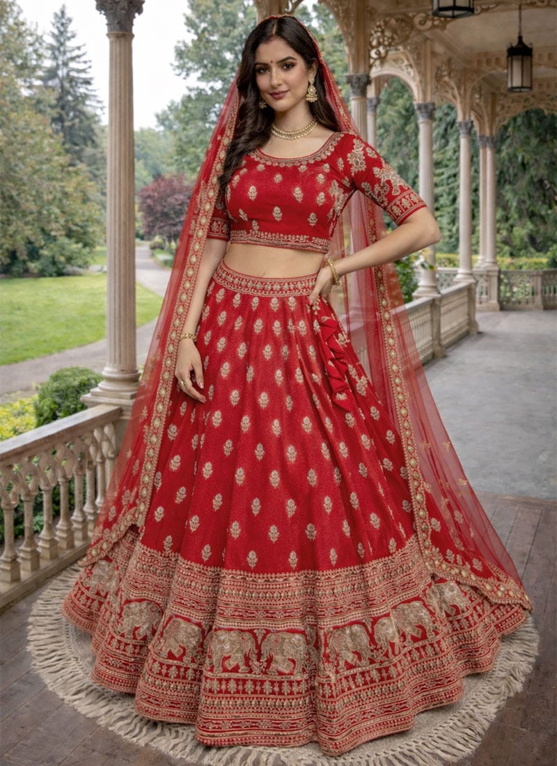 Royal Red Silk Sequins Embroidered Thread Umbrella Lehenga Wedding Wear