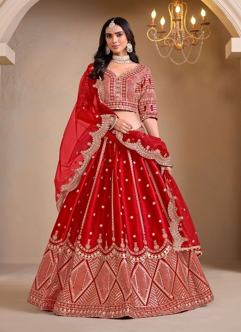 Royal Red Silk Zari Embroidered Sequins Lehenga Wedding Wear-GHSCC49001023