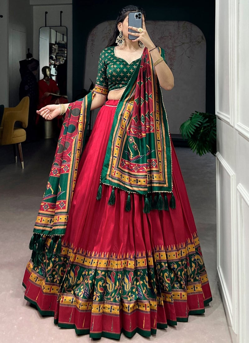 Royal Red Tusser Silk Patola Print Umbrella Lehenga Festive Wear