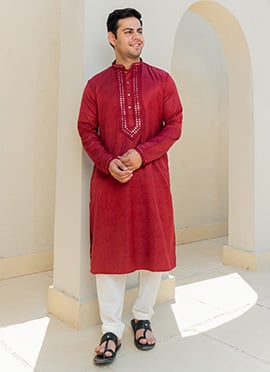 Royal Red Viscose Jacquard Party Wear Kurta Pyjama Set