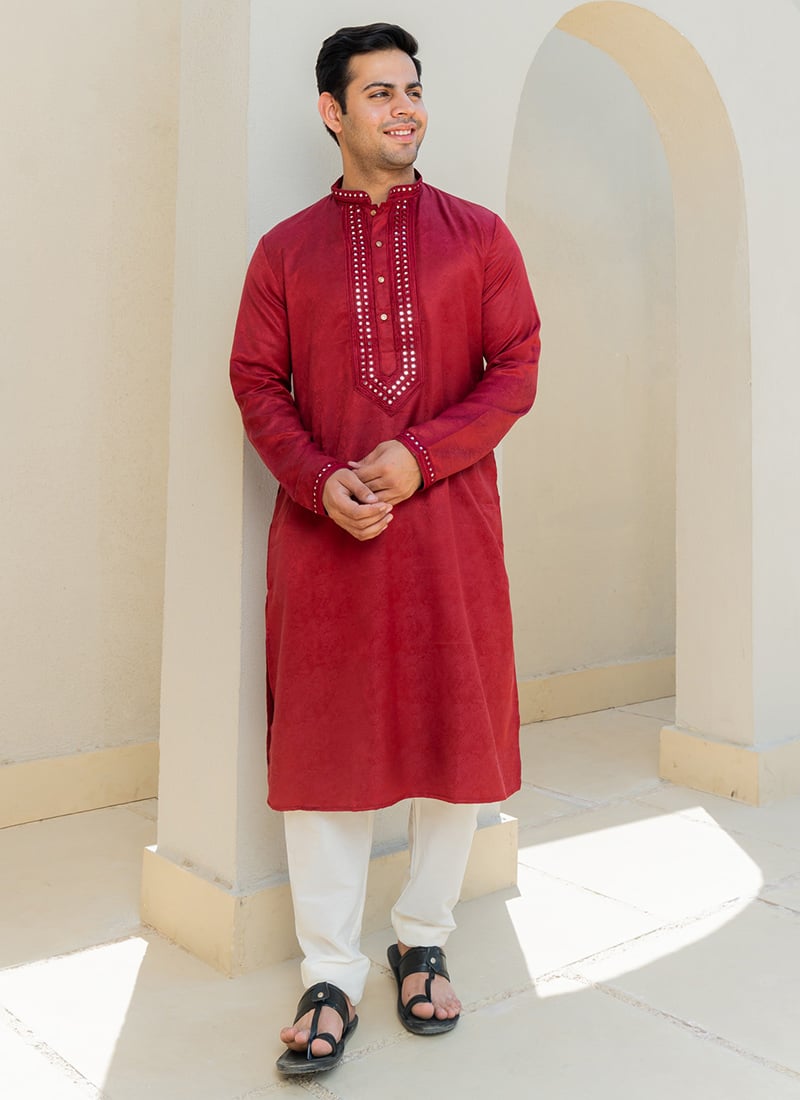 Royal Red Viscose Jacquard Party Wear Kurta Pyjama Set Festive Wear