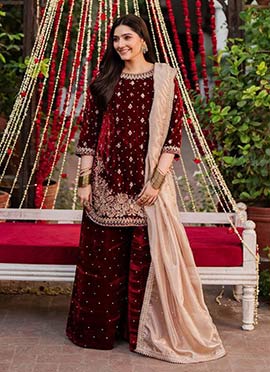 Royal Red Viscose Velvet Embroidered Sequins Palazzo Suit