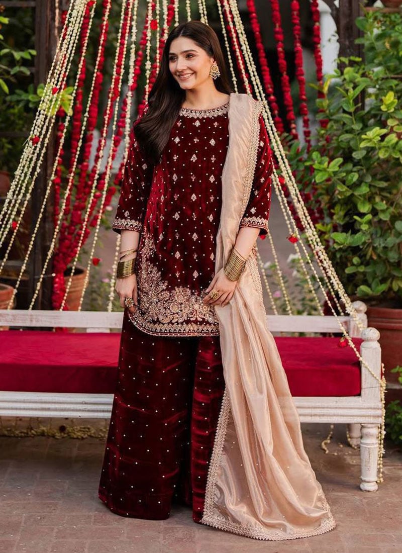 Royal Red Viscose Velvet Embroidered Sequins Palazzo Suit After Six Wear