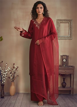 Royal Reddish Maroon Silk Resham Embroidered Salwar Suit
