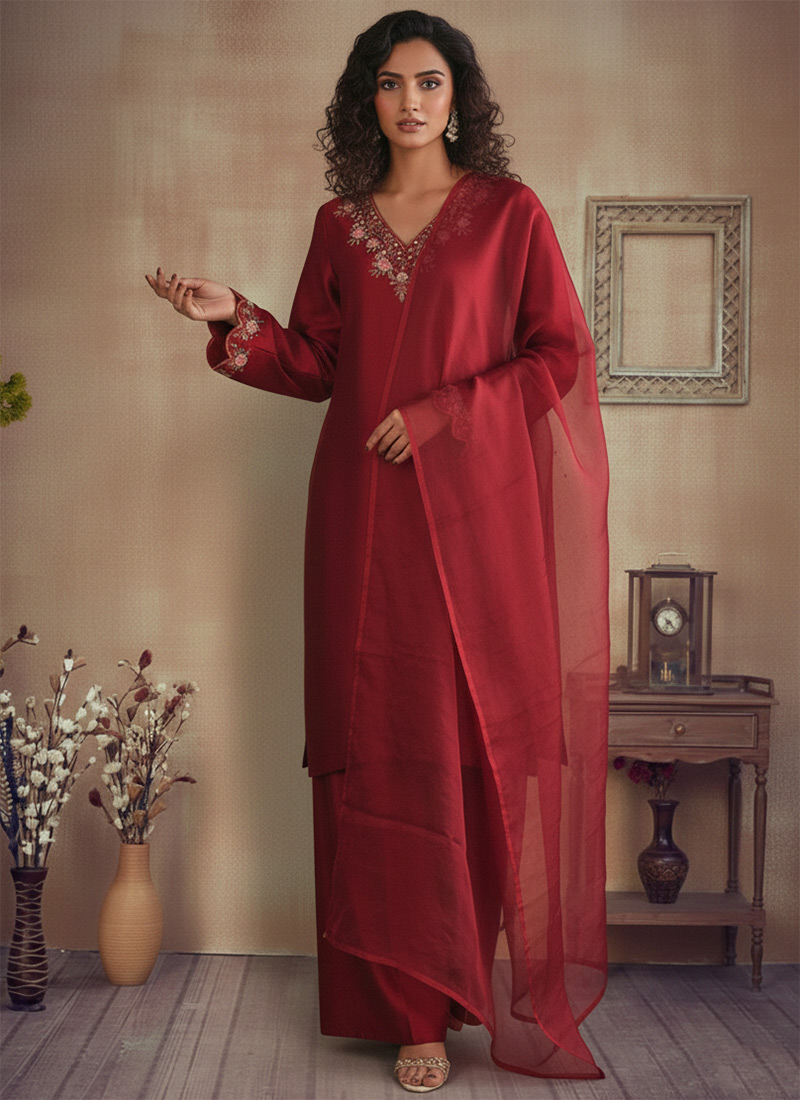 Royal Reddish Maroon Silk Resham Embroidered Salwar Suit Festive Wear
