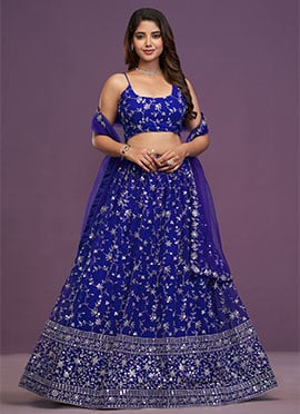 Royal Royal Blue Faux Georgette Zari Embroidered Sequins A Line Lehenga
