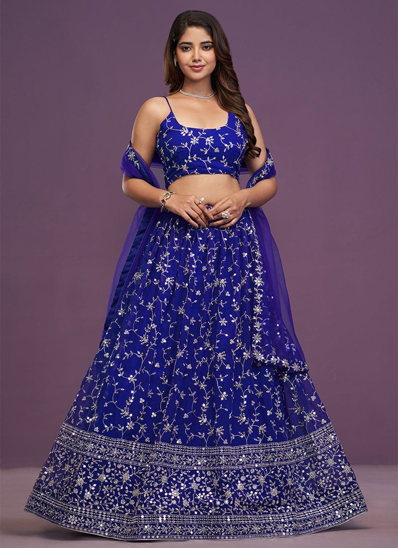 Royal Royal Blue Faux Georgette Zari Embroidered Sequins A Line Lehenga Wedding Wear