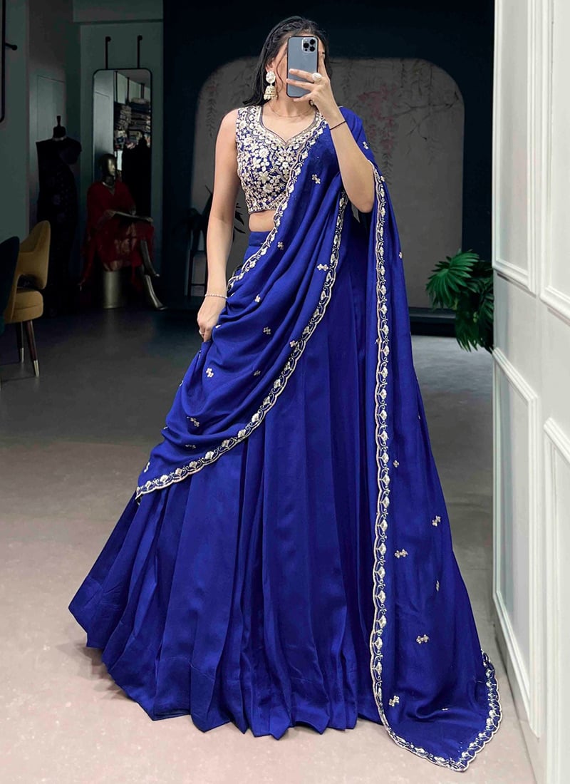Royal Royal Blue Fendy Silk Sequins Embroidered Thread Umbrella Lehenga Wedding Wear