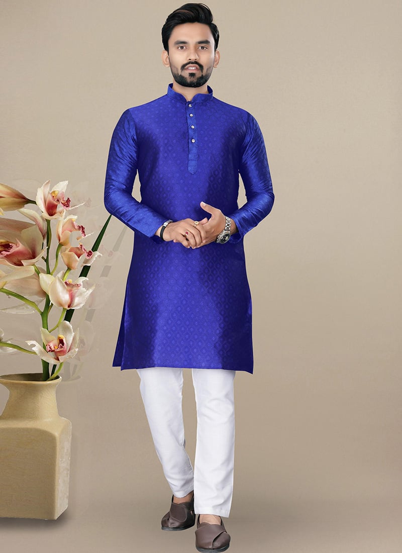 Royal Royal Blue Jacquard Silk Kurta Pyjama Festive Wear
