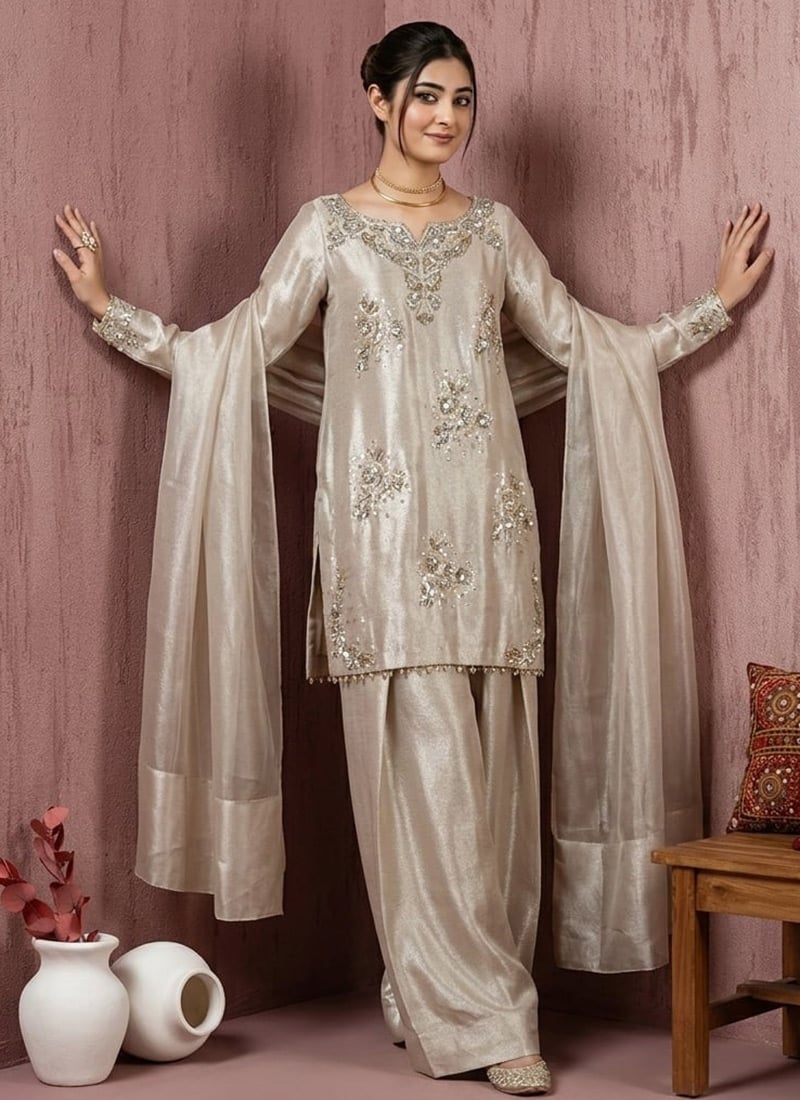 Royal Silver Organza Beads Zari Sequins Salwar Suit After Six Wear