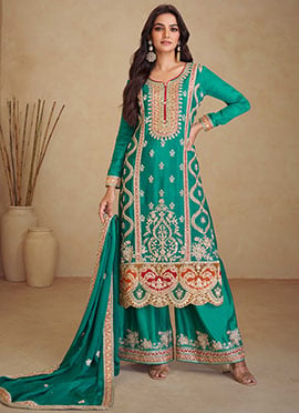 Royal Teal Green Chinon Zari Embroidered Mirror Work Sequins Palazzo Suit