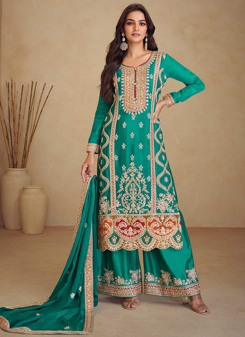 Royal Teal Green Chinon Zari Embroidered Mirror Work Sequins Palazzo Suit