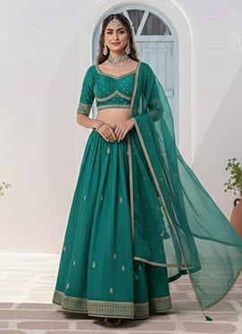 Royal Teal Vichitra Silk Zari Sequins Hand Embroidered A Line Lehenga