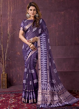 Royal Violet Chanderi Silk Batik Print Saree