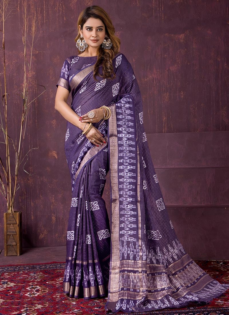 Royal Violet Chanderi Silk Batik Print Saree After Six Wear