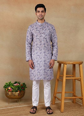 Royal Violet Linen Printed Kurta Pyjama