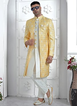 Royal White Jacquard Silk Indowestern Sherwani