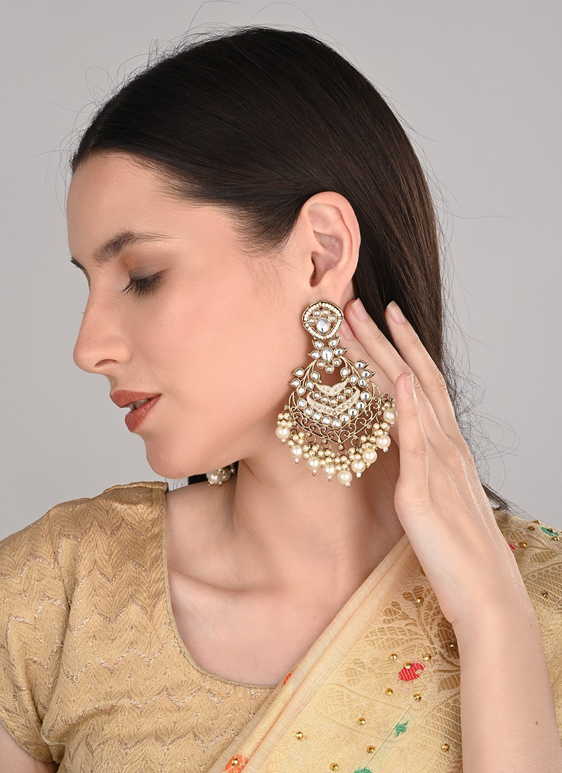 Royal White Meenakari Pearl Stone Chaand Bali Festive Wear