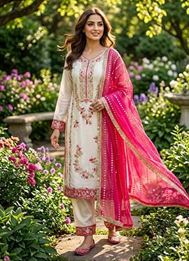 Royal White Silk Sequins Embroidered Moti Straight Pant Suit
