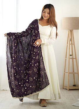 Royal White Vichitra Silk Sequins Anarkali Suit