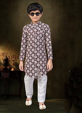 Royal Wine And Cream Imported Soft Silk Stone Work Kids Boys Indowestern Sherwani