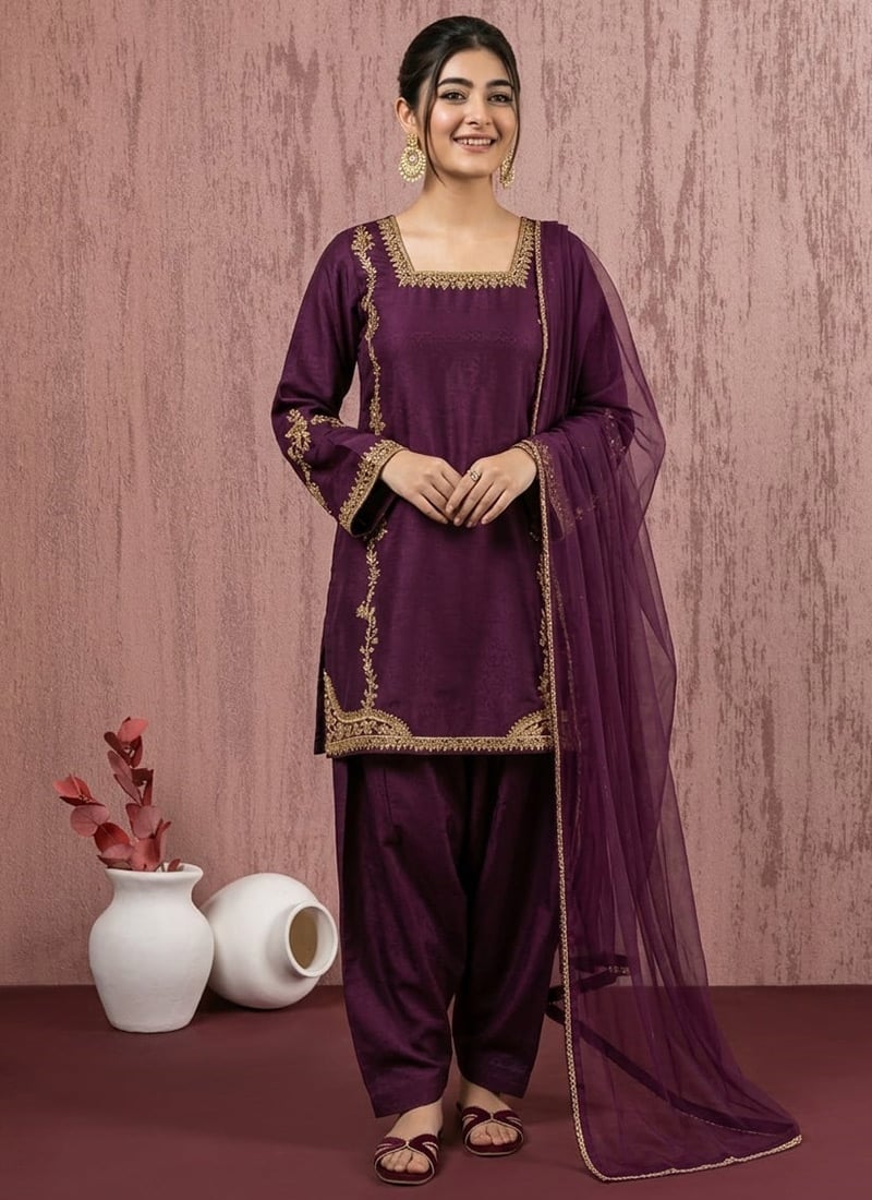 Royal Wine Art Silk Zari Sequins Salwar Suit After Six Wear