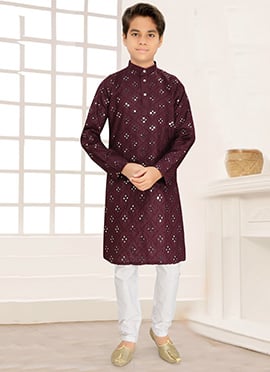 Royal Wine Cotton Blend Embroidered Foil Mirror Kids Boys Kurta Pyjama