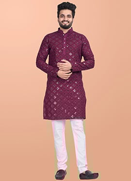 Royal Wine Cotton Blend Foil Mirror Embroidered Kurta Pyjama