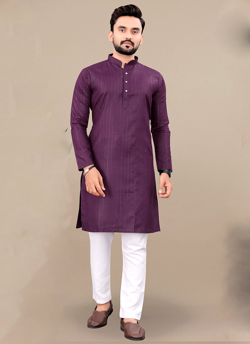 Royal Wine Cotton Blend Zari Kurta Pyjama Festive Wear