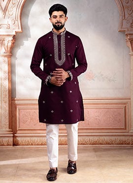 Royal Wine Cotton Embroidered Kurta Pyjama