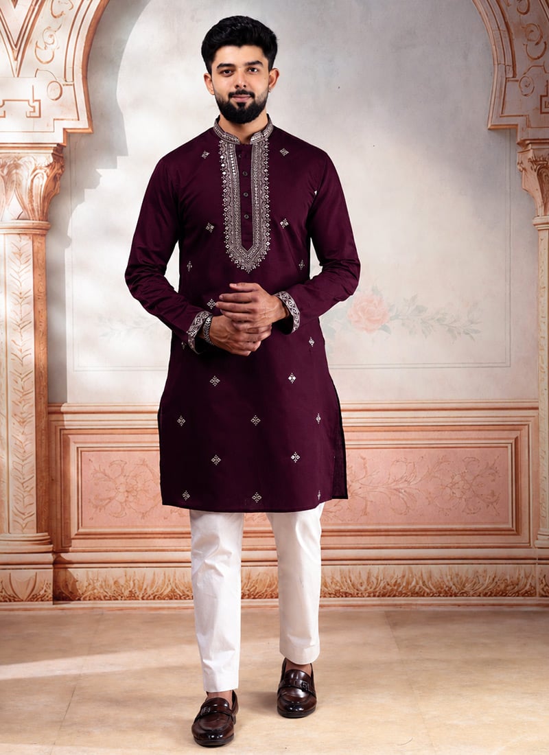Royal Wine Cotton Embroidered Kurta Pyjama Festive Wear