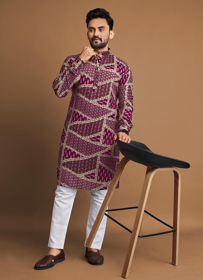 Royal Wine Cotton Foil Print Kurta Pyjama   Festive Wear