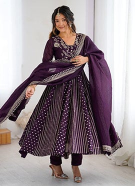 Royal Wine Crunchy Silk Embroidered Sequins Anarkali Suit