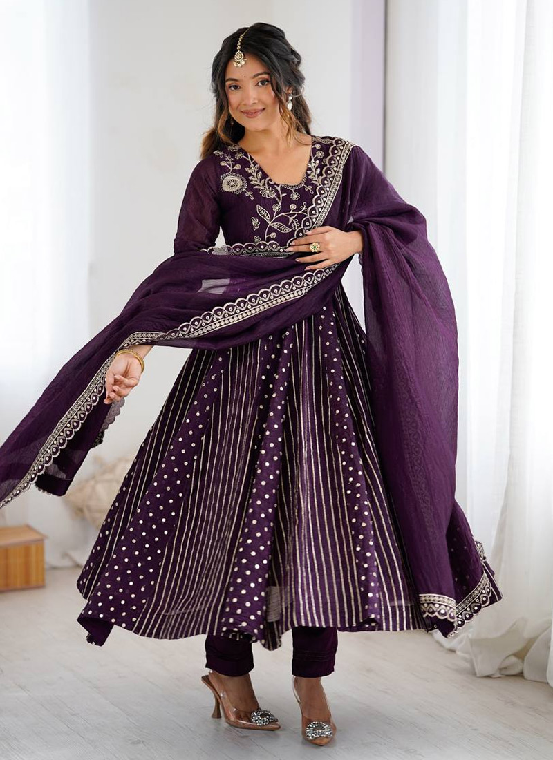 Royal Wine Crunchy Silk Embroidered Sequins Anarkali Suit Festive Wear