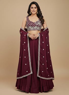 Royal Wine Fendy Silk Embroidered Sequins Zari Umbrella Lehenga