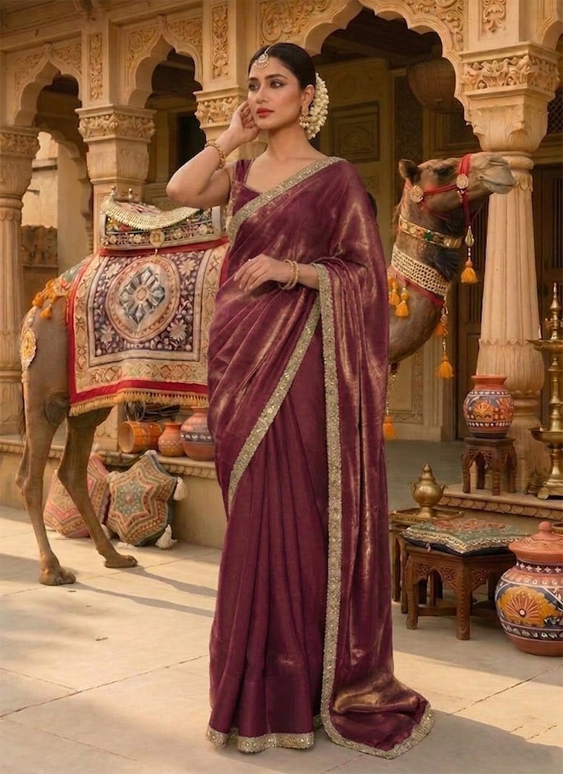 Royal Wine Fendy Silk Ready Lace Work Saree Festive Wear