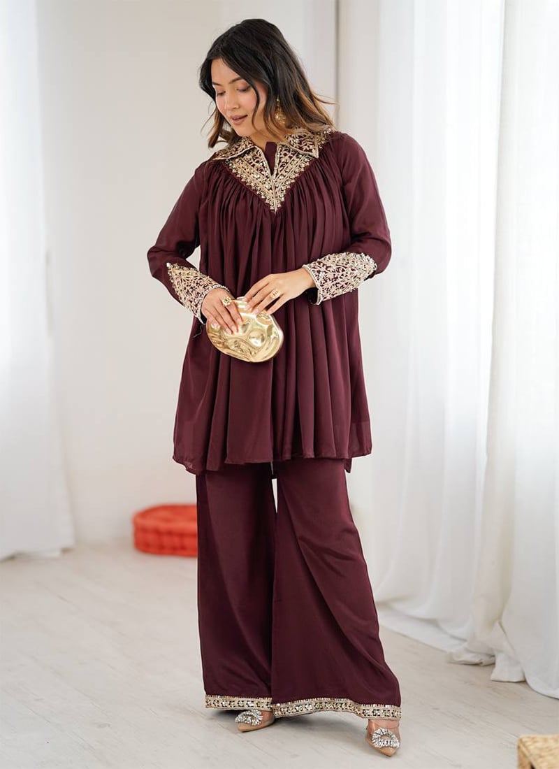 Royal Wine Heavy Chinon Embroidery Sequence Work Kurta Palazzo Set After Six Wear
