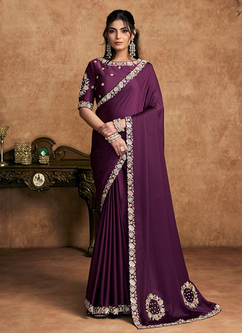 Royal Wine Lustrous Satin Silk Embroidered Stone Beads Sequins Zari Saree Wedding Wear