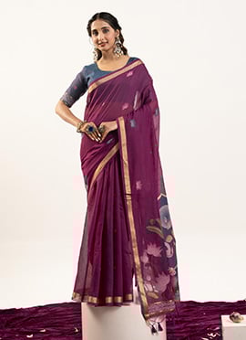 Royal Wine Muga Cotton Zari Printed Woven Saree
