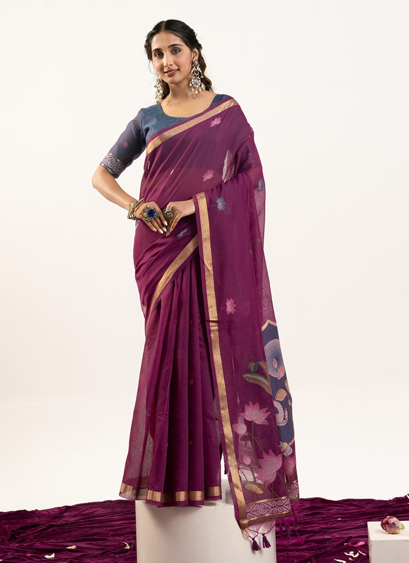 Royal Wine Muga Cotton Zari Printed Woven Saree After Six Wear
